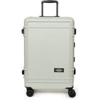 Sand-colored large trolley spinner suitcase with black handles and wheels, rectangular shape, Eastpak logo on front.