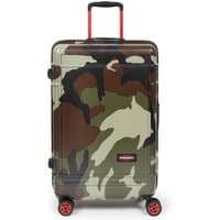 Camouflage Eastpak large trolley spinner suitcase with red handles and wheels, 78x50x29 cm, Resist'r Zip model.