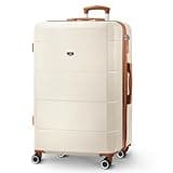 Cream LUGG 28" suitcase, hard shell, four wheels, brown handles, TSA lock, lightweight ABS, 75x49x29cm.