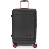 Black Eastpak medium trolley spinner suitcase with red wheels and handle, featuring a durable Resist'r Zip design.