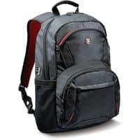 Black Port Designs Houston backpack with multiple zippered compartments, red accents, and padded shoulder straps.