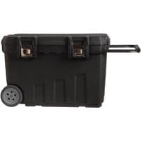 Black Stanley MOBILE Job Chest with wheels, metal latches, and telescopic handle.