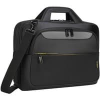 Black Targus Citygear 14" toploader bag with padded handles, shoulder strap, and front zippered pocket.
