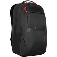 Black Targus Strike II backpack with red accents, multiple compartments, and padded shoulder straps.