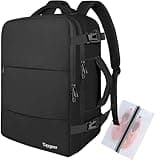 Black Taygeer travel backpack, 40x30x20 cm, with multiple zippers, padded straps, and separate shoe pouch.