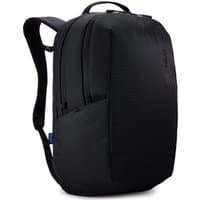 Black Thule Subterra backpack, sleek polyester design with dual zippers, padded straps, and top handle.