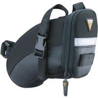 Black Topeak Aero Wedge Saddle Bag with straps, large 1.97L capacity, reflective strip, and zipper closure.