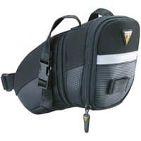 Black Topeak Aero Wedge Saddle Bag with straps, reflective strip, and zippered compartment, 1.31L capacity.