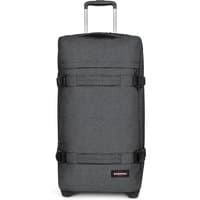 Black denim Eastpak wheeled suitcase with telescopic handle, 67x35.5x30 cm, front zip pocket, and side compression straps.