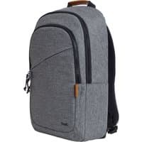 Grey Trust Avana 16" backpack with two zippered compartments, black straps, and brown leather accent on the handle.