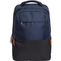 Blue Trust Lisboa 16" backpack with front zip pocket, padded straps, and leather accents.