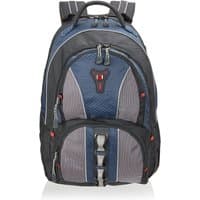 Blue and gray Wenger/SwissGear backpack with multiple compartments and red accents, designed for 16" notebooks.