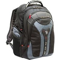 Black and gray Wenger/SwissGear backpack with padded straps, multiple compartments, and red accents.