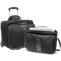 Black Wenger/SwissGear laptop trolley case with retractable handle, dual wheels, and matching detachable laptop bag.