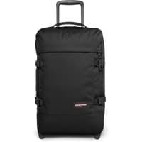 Black Eastpak wheeled backpack with telescopic handle, front buckles, and compact design, 51x32.5x24 cm.
