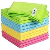 MR.SIGA microfiber cleaning cloths, pack of 12, in green, blue, yellow, and pink, 32 x 32 cm, stacked neatly.