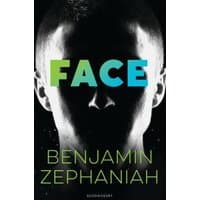"Face" book by Benjamin Zephaniah, black cover with silhouette of a head and bold multicolored title text.