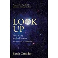 "Look Up book cover with starry night sky, moon in 'O', by Sarah Cruddas, foreword by Apollo 11 astronaut Michael Collins"
