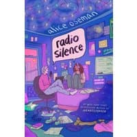 "Radio Silence book cover with two characters in a colorful room, surrounded by posters and string lights."