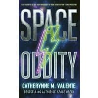 "Space Oddity book cover with neon lightning bolt, starry background, and author Catherynne M. Valente's name"