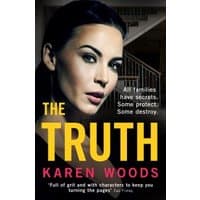 "The Truth" book by Karen Woods, features a woman's face with dark hair, bold yellow title, and a dimly lit staircase background.