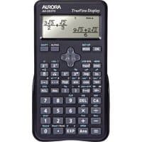 Black Aurora AX-595TV pocket scientific calculator with multi-line display and white buttons for functions and numbers.