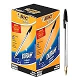 BIC Cristal Original black ballpoint pens, medium point, transparent barrel, black cap, pack of 50 in yellow box.
