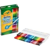 Crayola Super Tips Washable Markers, 50 assorted colors, in green box with markers displayed in a rainbow array.