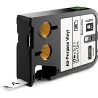 Black Dymo DirectLabel cartridge with white vinyl label, 12mm x 7m, featuring gold spools and product details.