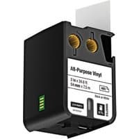 Black Dymo DirectLabel cartridge with white vinyl label, 54mm x 7m, showing label partially extended.