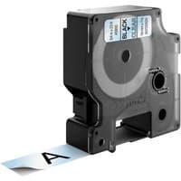 Black Dymo label cassette with transparent tape, 19mm width, showing a printed letter "A" emerging.