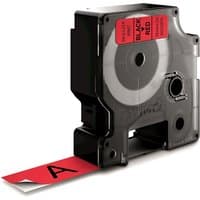 Dymo label cassette, black text on red tape, 19mm x 7m, black plastic casing with visible tape spool.