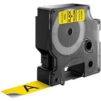 Black Dymo label cassette with yellow label tape extending, marked "Black on Yellow," 19mm x 7m size.
