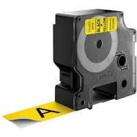 Black Dymo D1 label cassette with yellow tape and black text, 24mm width, showing letter "A".