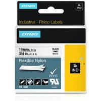 Dymo IND Flexible Nylon label tape, black text on white, 19mm x 3.5m, in a black and yellow package.