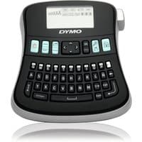 Black DYMO LabelManager 210D label maker with QWERTY keyboard, LCD screen, and blue function buttons.