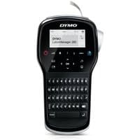 Black DYMO LabelManager 280 with QWERTY keyboard, LCD screen, and label cutter on top.