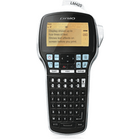 Black DYMO LabelManager 420P with QWERTY keyboard, LCD screen, and navigation buttons.