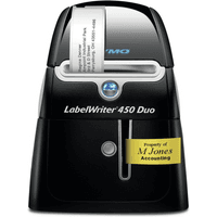 Black Dymo-LabelWriter 450 DUO with dual label slots, printed labels, and blue LED indicator.