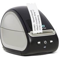 Black and white DYMO LabelWriter 550 with label slot, power button, and USB connectivity icon.
