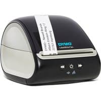 Black DYMO LabelWriter 5XL printer with curved design, displaying printed label, featuring control buttons on front.