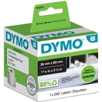 DYMO Large Address Labels, 89x36 mm, white roll in green and white box with eco-friendly label.