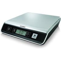 Black and silver DYMO M10 electronic postal scale with digital display and control buttons.