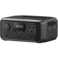 Black EcoFlow RIVER 3 UPS UK portable power station with LCD screen, USB ports, and UK socket.