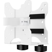 White Fellowes CPU holder with adjustable brackets, black padding, and multiple mounting holes.