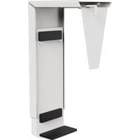 White Fellowes under desk CPU holder with adjustable brackets and black padding.