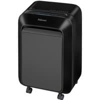Black Fellowes LX210 paper shredder with sleek design, touch controls, and four caster wheels for mobility.