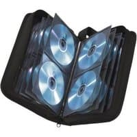 Black Hama CD DVD Blu-ray wallet with nylon exterior, holds 80 discs in transparent sleeves, zippered closure.
