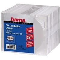 Transparent Hama CD Slim Box pack, holds 25 single discs, clear plastic cases with a blue label on the front.