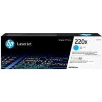 HP 220X Cyan LaserJet toner cartridge in black box with blue accents and HP logo.
